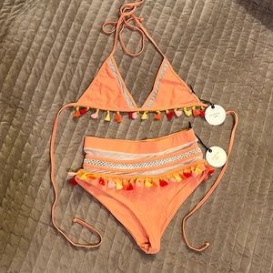 NWT Tularosa Nina Frida Fringe Bikini - Large Top - Small Bottoms - Orange Peach
